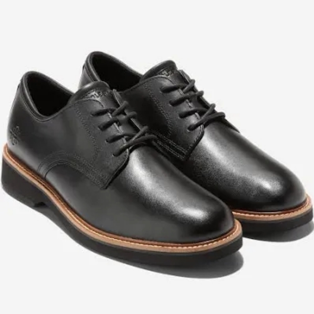 Mens Cole Haan Black Leather Derby Shoes with Tan Contrast Welt